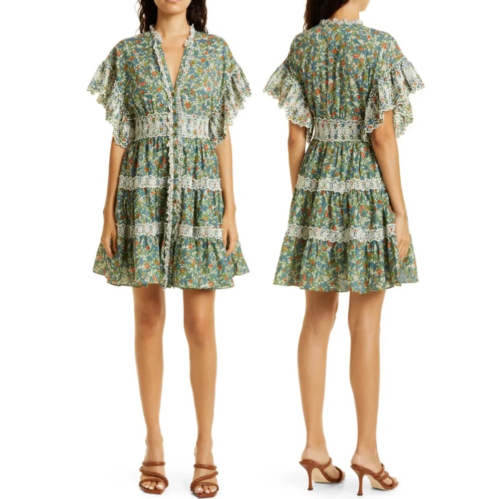 byTiMo Green Garden Floral Print Button‎ Front Ruffle Slub Cotton Mini Dress